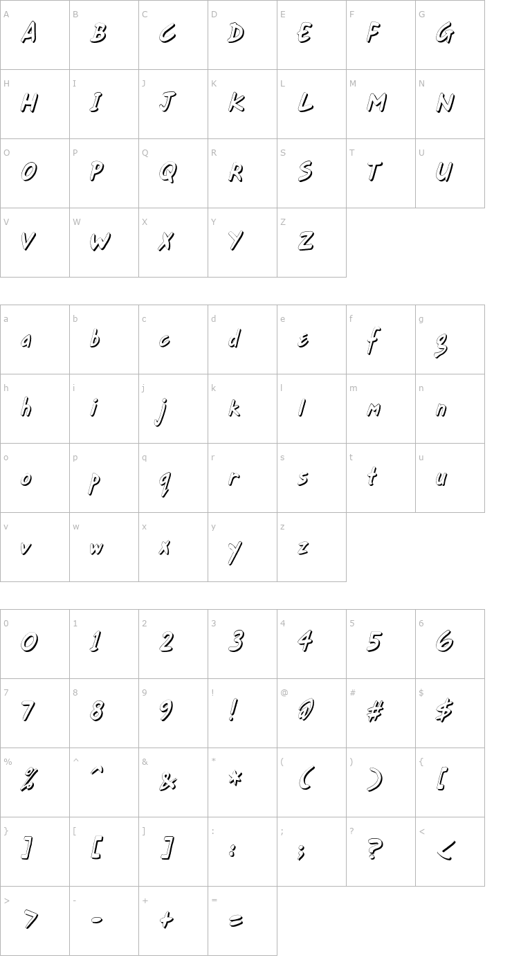 Character Map Gort's Fair Hand Shadow Font