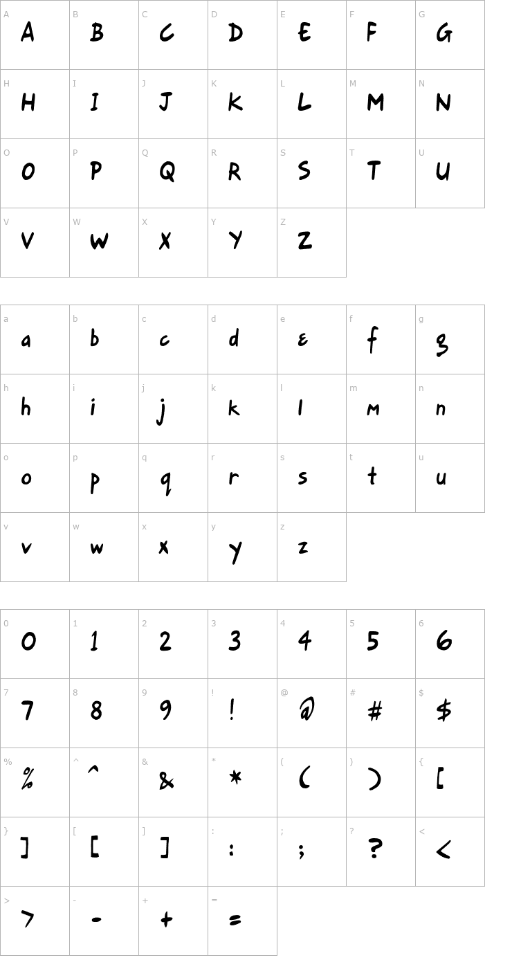 Character Map Gort's Fair Hand Upright Font