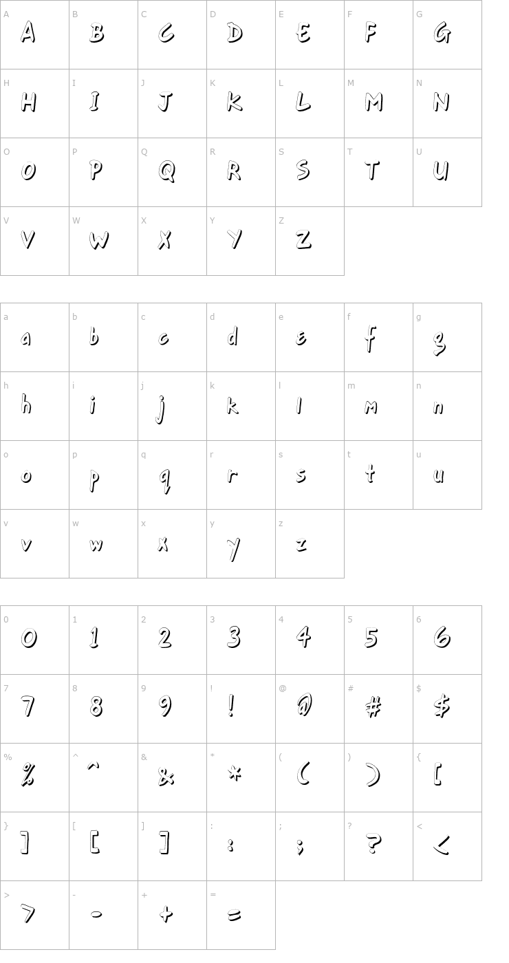 Character Map Gort's Fair Hand UprightShadow Font