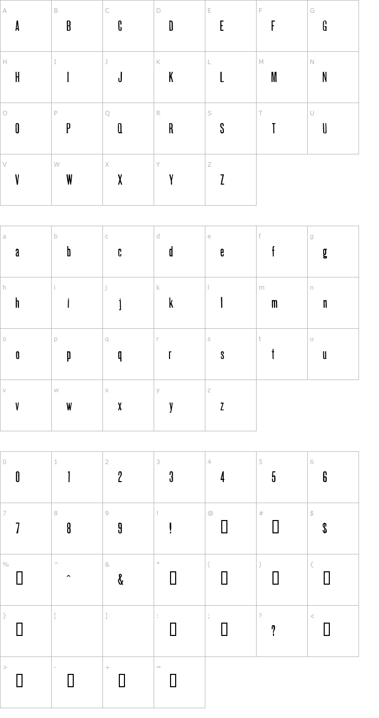 Character Map Gothic Compressed HPLHS Font