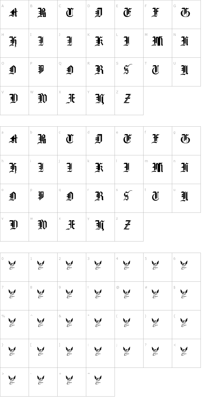 Character Map Gothic Straight-Faced, 16th c. Font