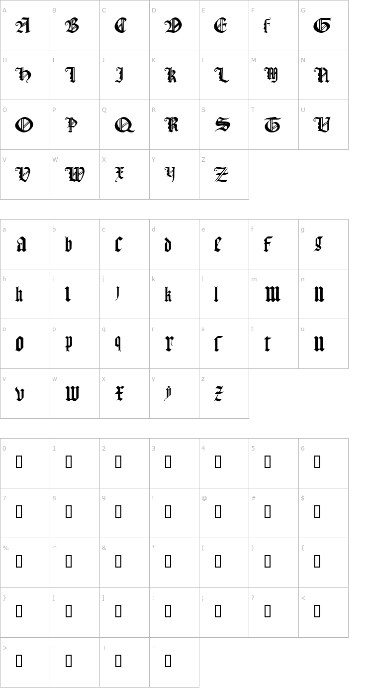 Character Map Gothic Texture Quadrata Font