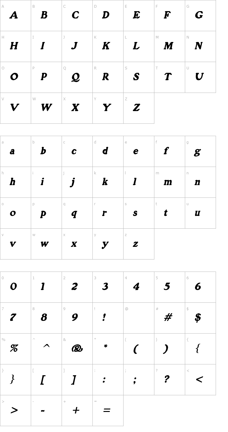 Character Map Grain Oblique Font