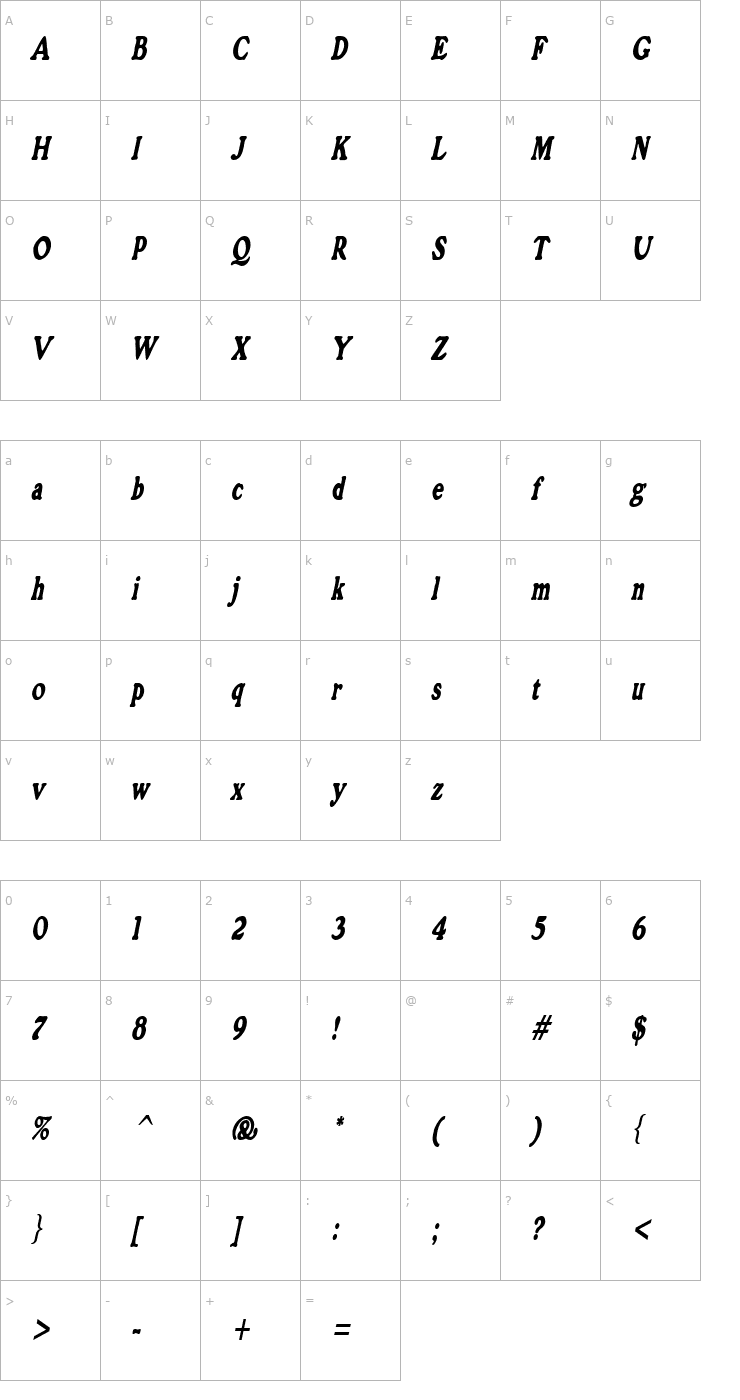 Character Map GrainCondensed Oblique Font