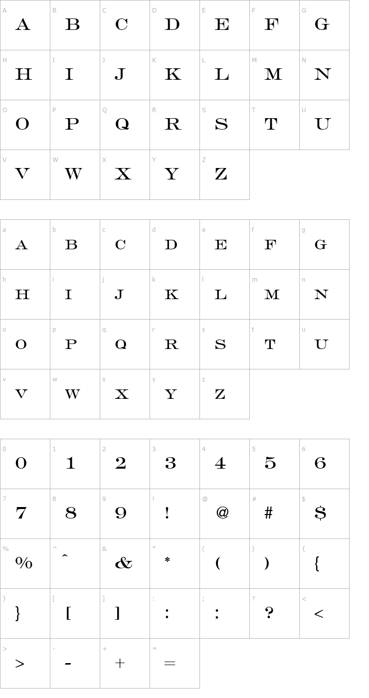 Character Map GravureRoman-Regular Font