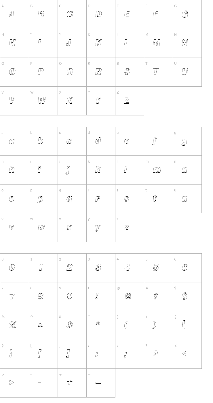 Character Map Grenoble Outline SF Italic Font