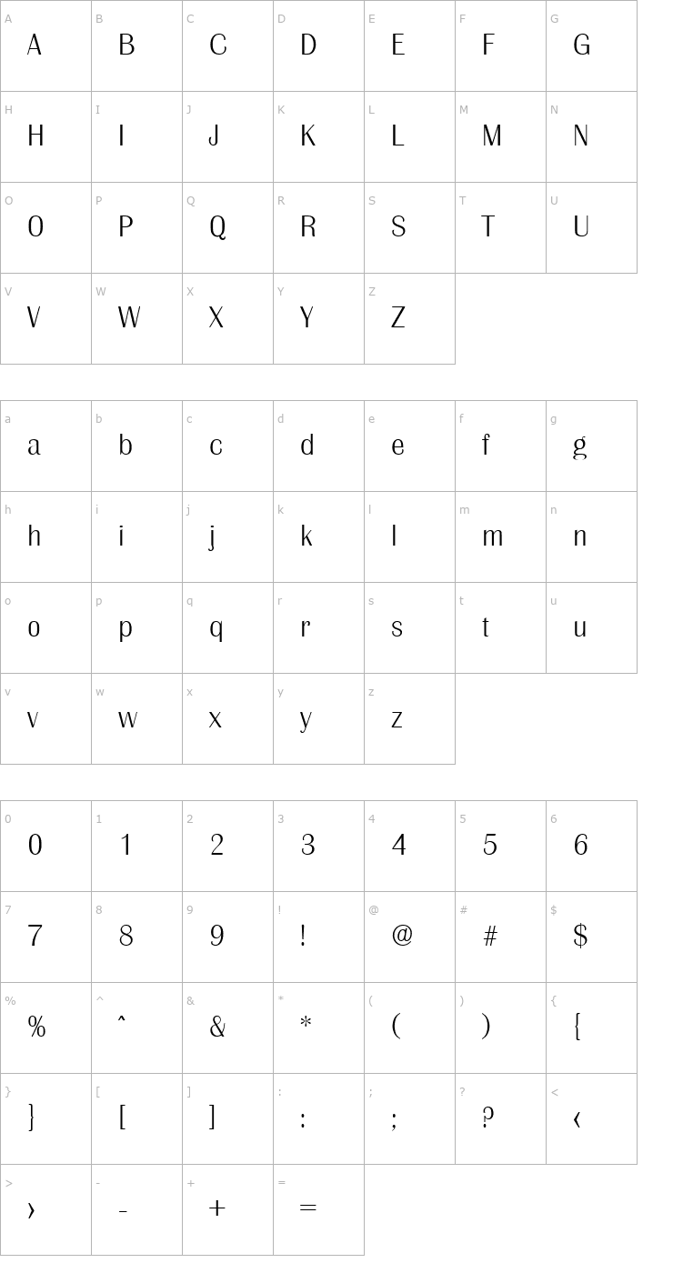 Character Map Grenoble-Serial-ExtraLight-Regular Font