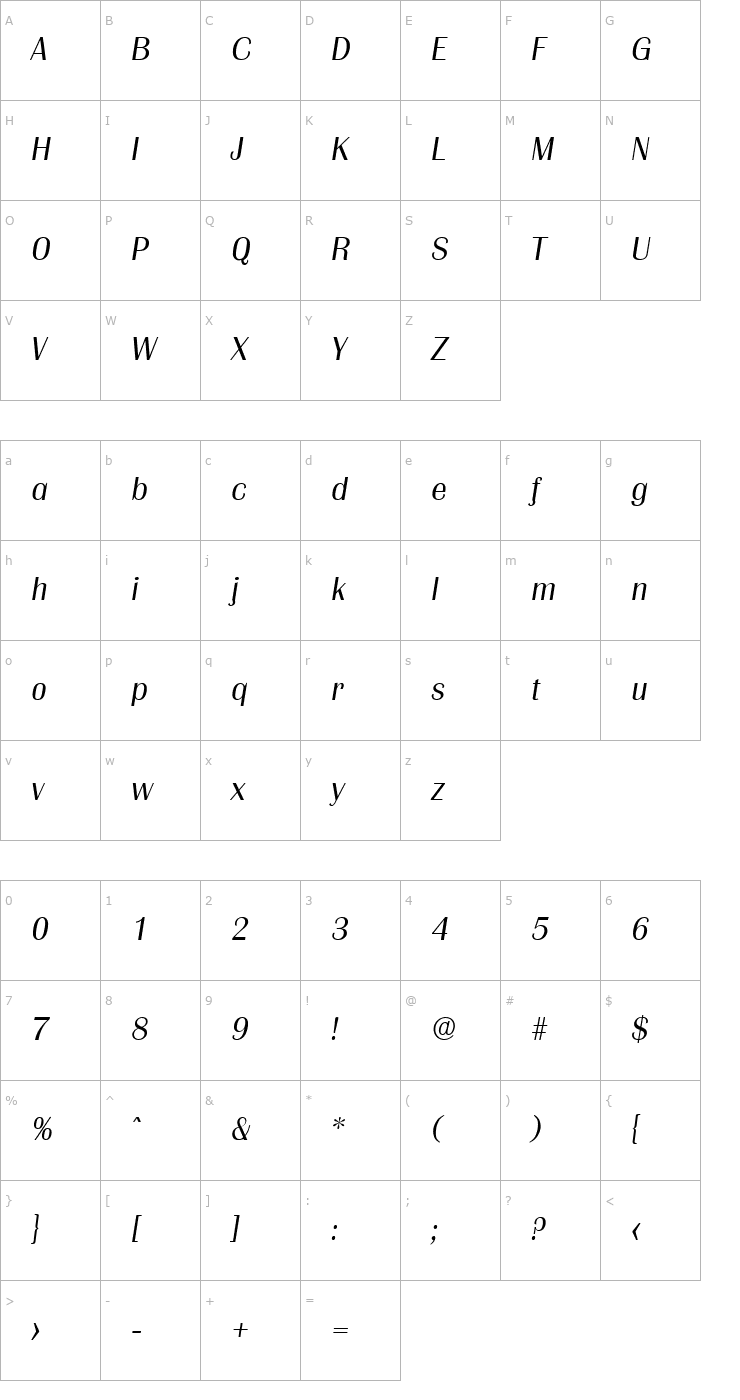 Character Map Grenoble-Serial-Light-RegularItalic Font
