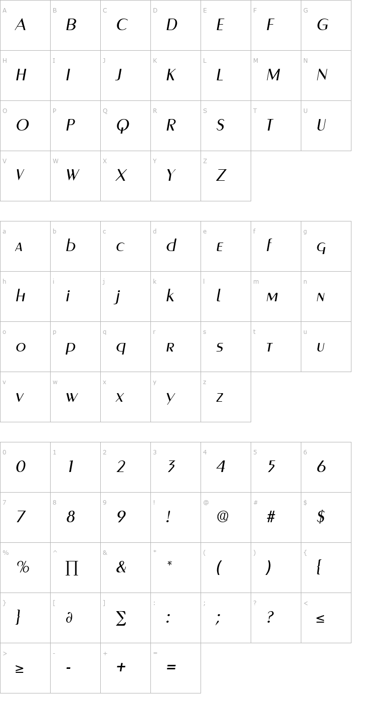 Character Map Greyhound-RegularItalic Font