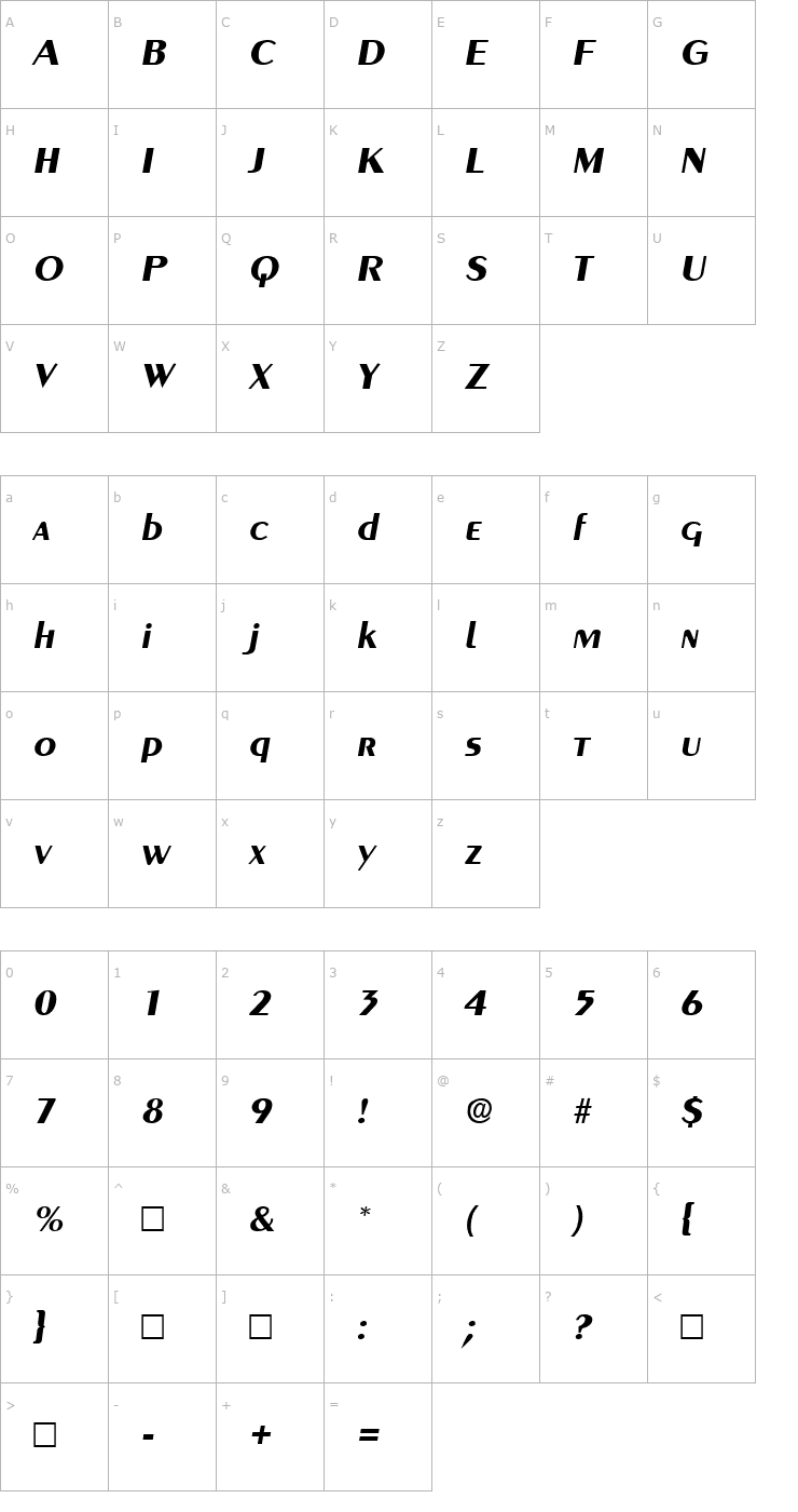 Character Map GreyhoundBoldItalic Font