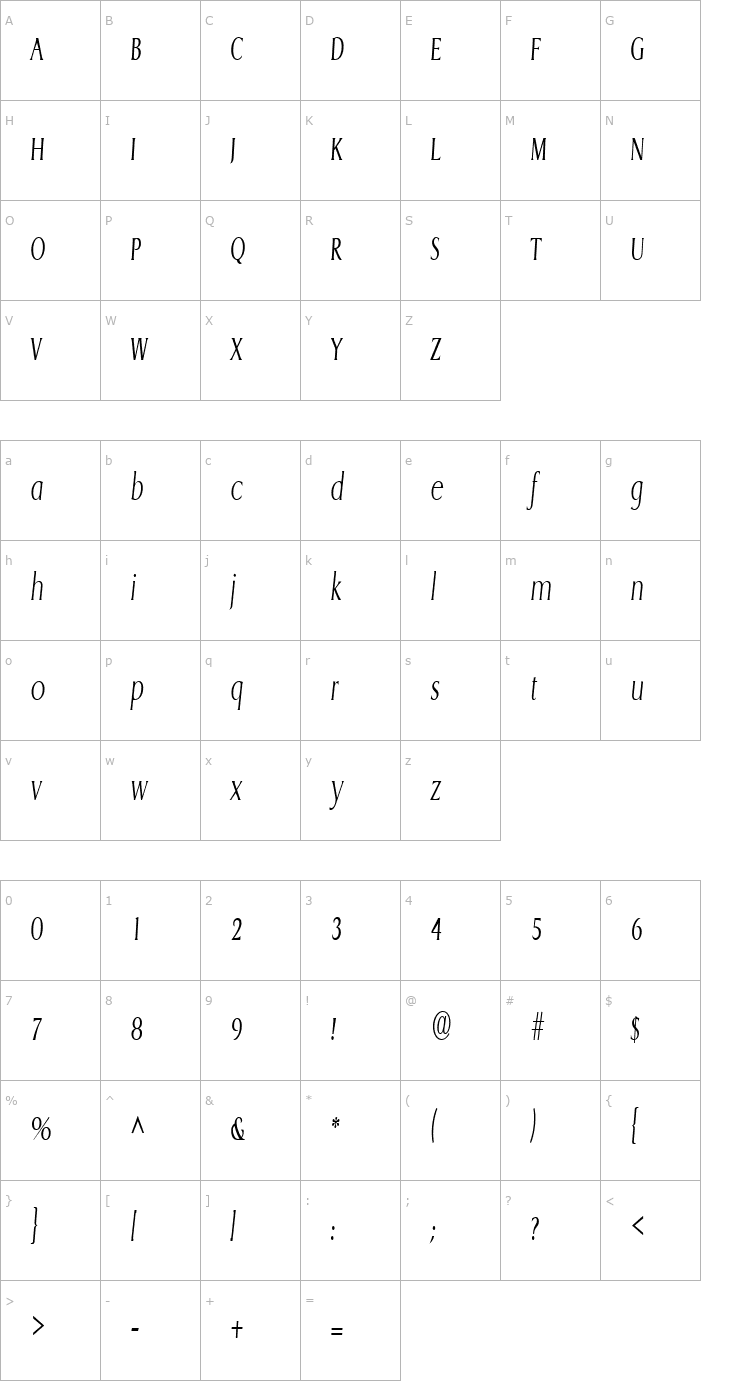 Character Map GriffonCondensedLight Italic Font