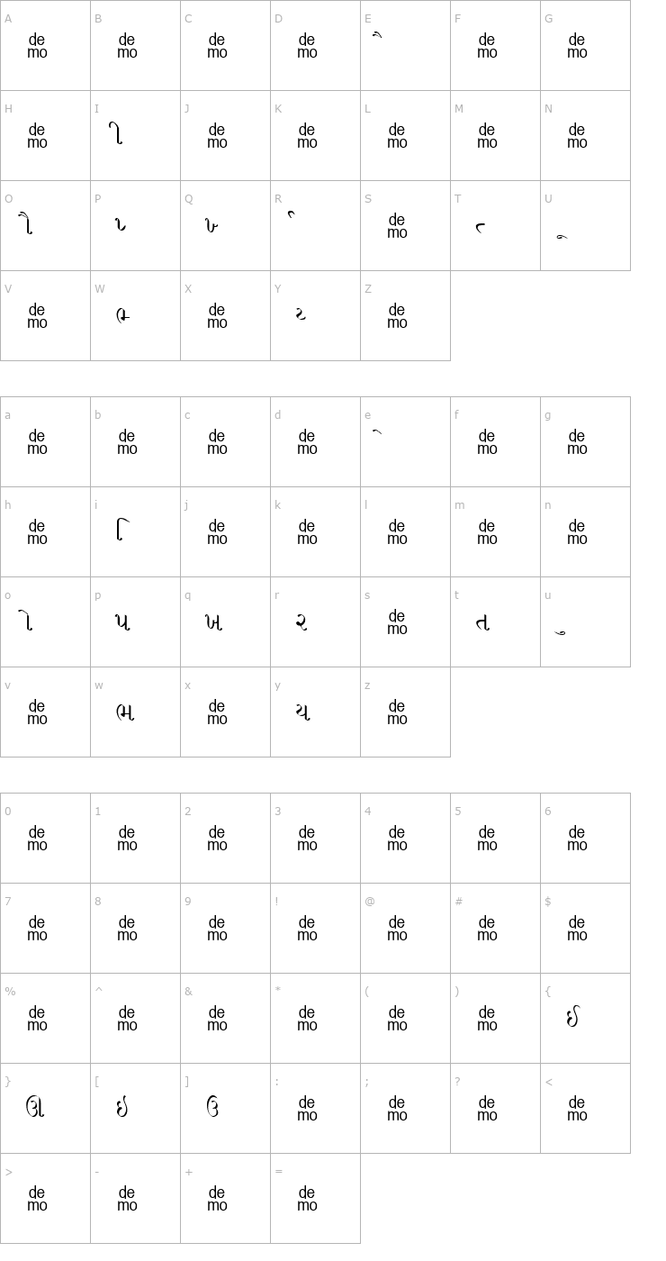 Character Map Gujrati Saral-DEMO Font