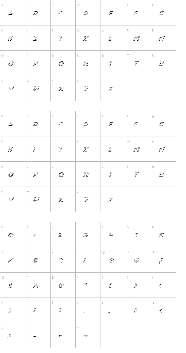 Character Map Hadriatic Shadow Italic Font