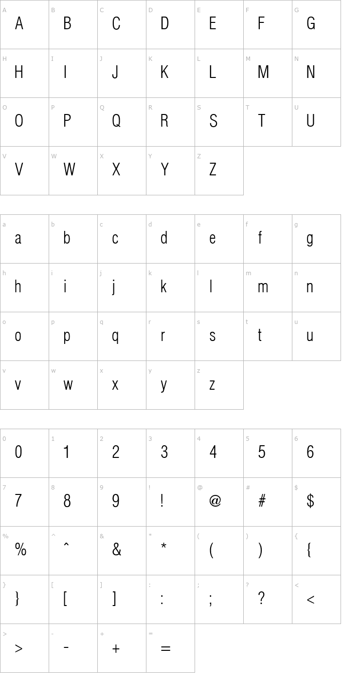 Character Map Hallmarke Condensed Light Regular Font