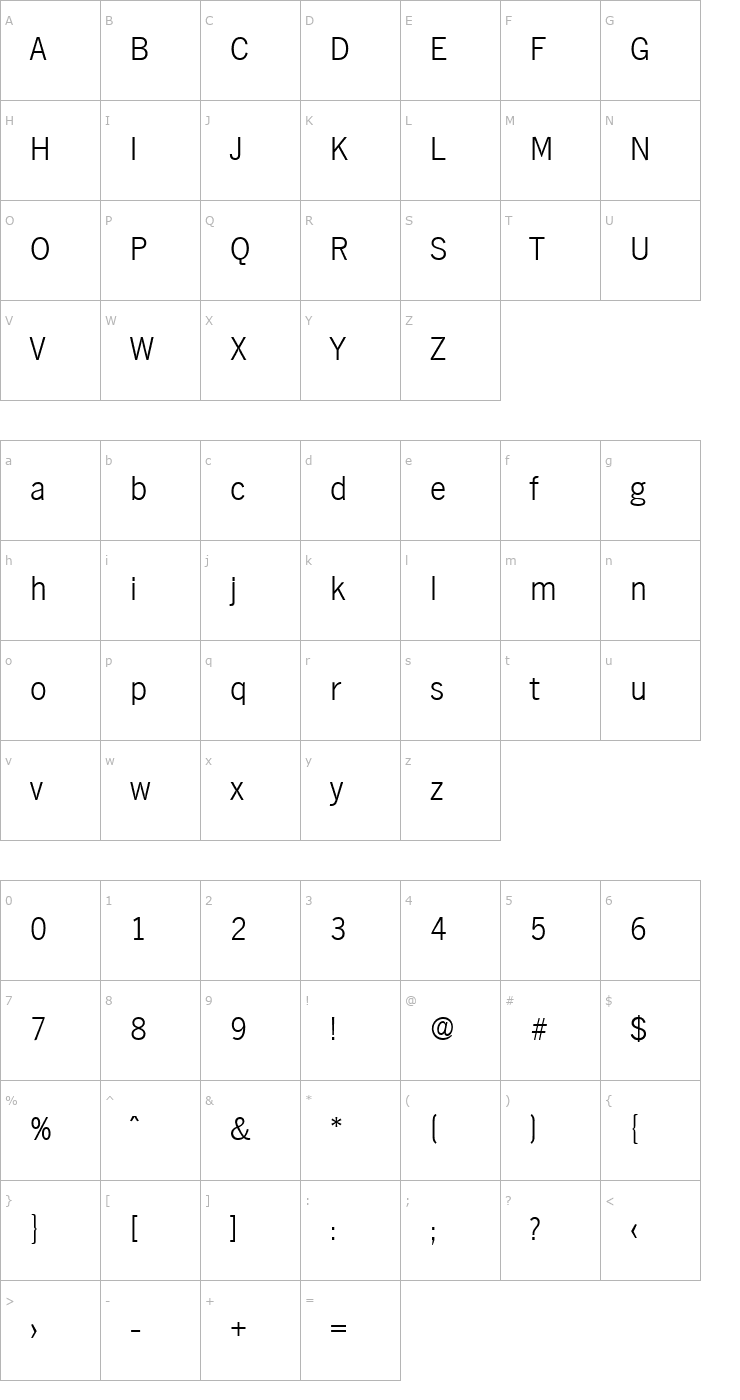 Character Map Hamburg-Serial-ExtraLight-Regular Font