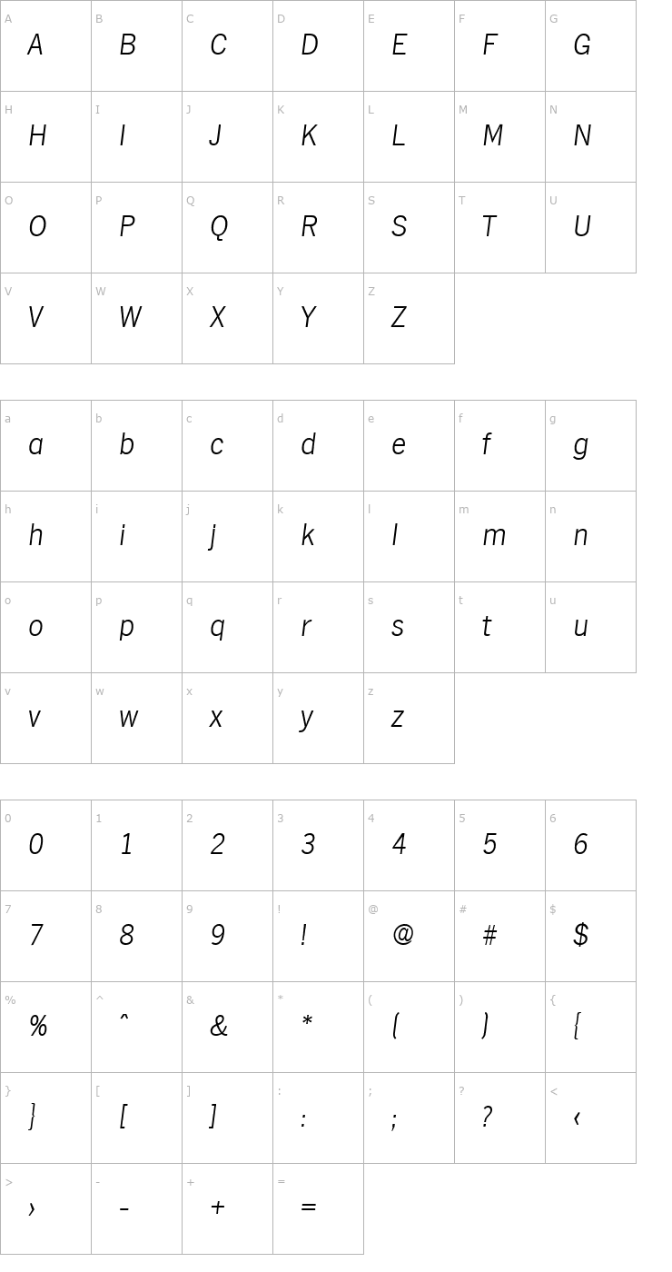 Character Map Hamburg-Serial-ExtraLight-RegularItalic Font