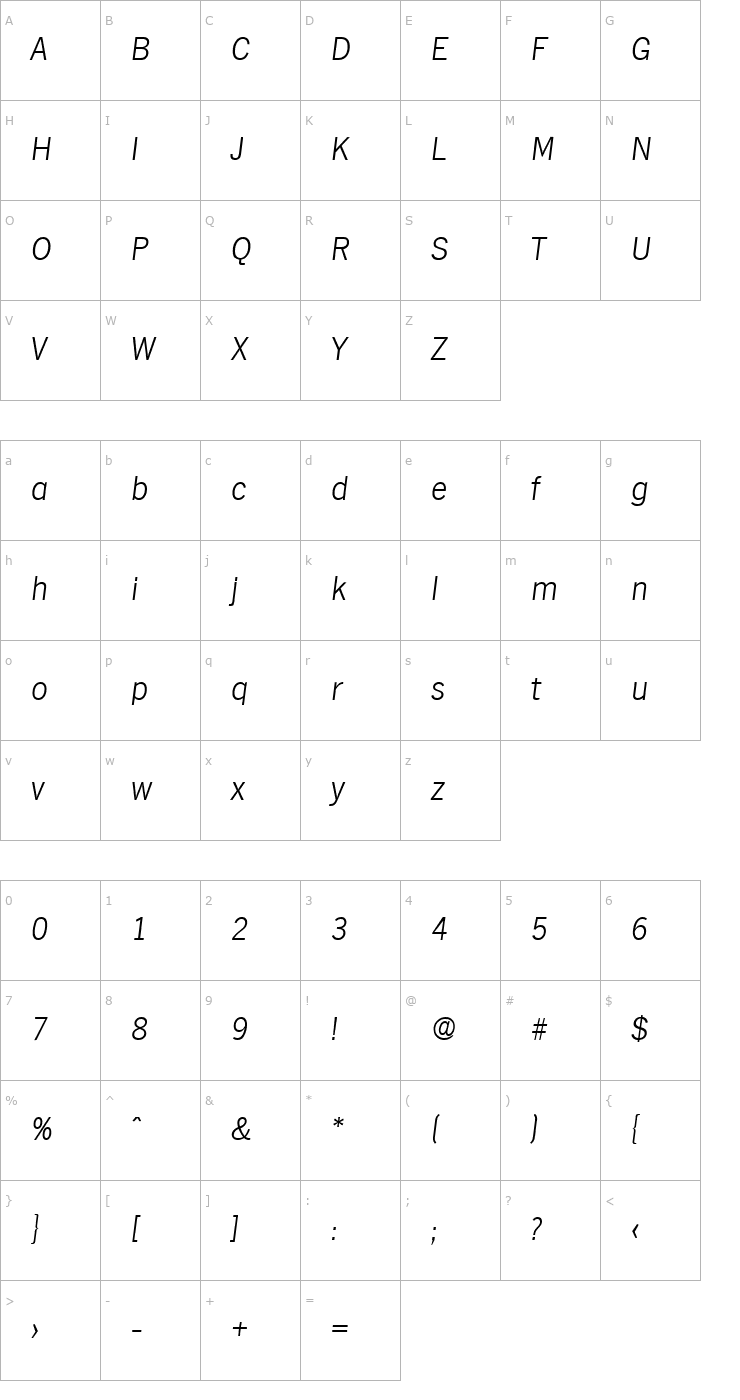 Character Map Hamburg-XlightIta Font