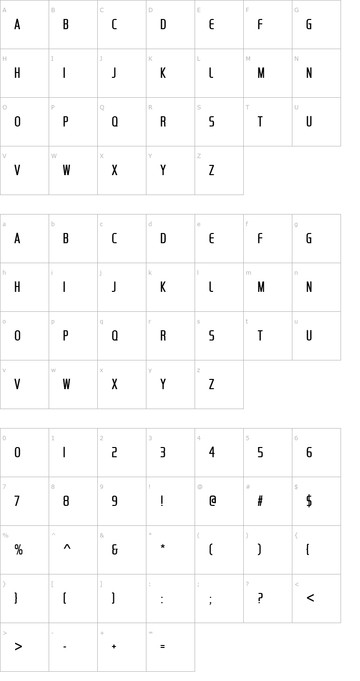 Character Map Handel Gothic Compress D Light Font
