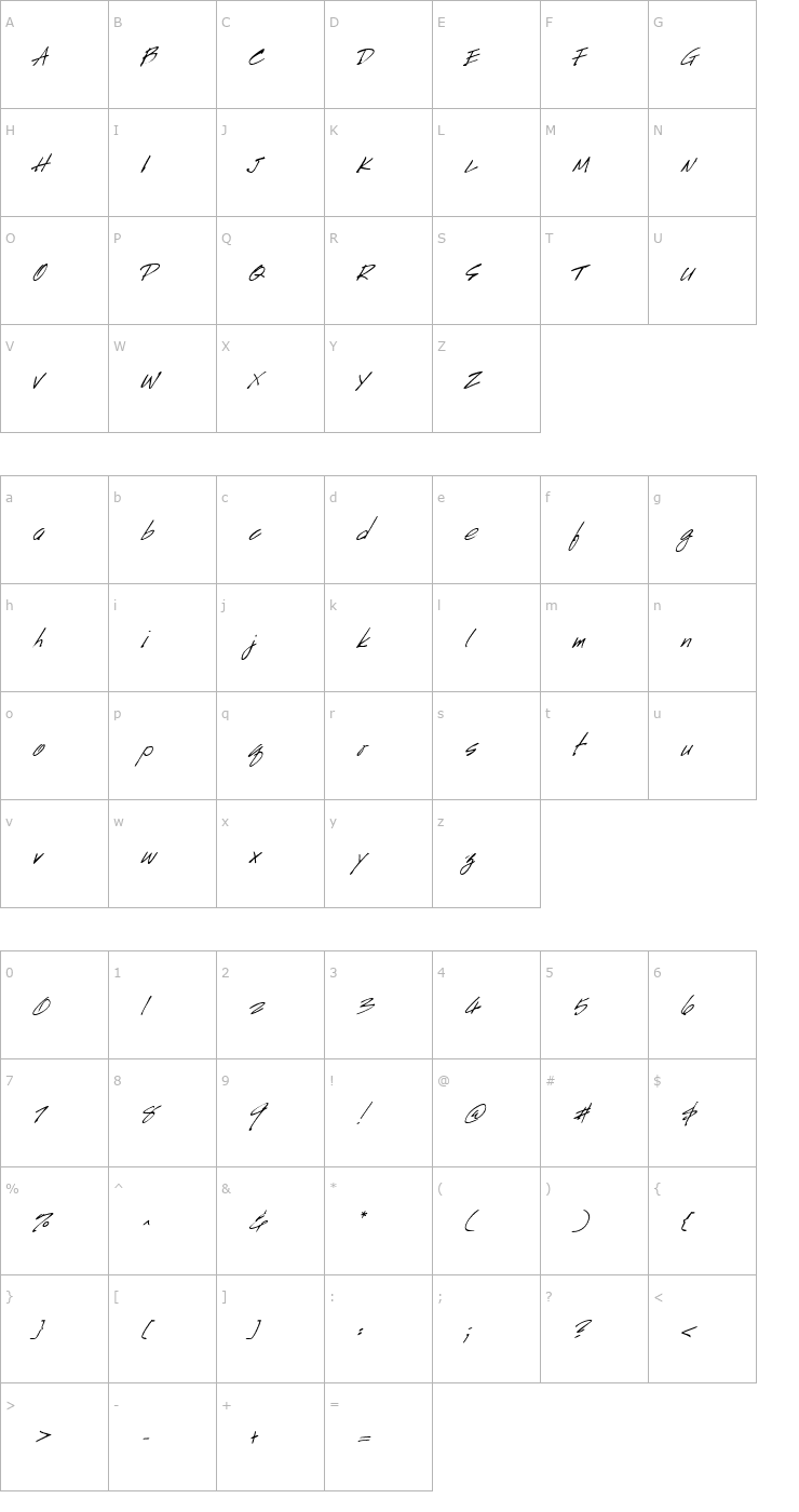 Character Map HandScript Italic Font