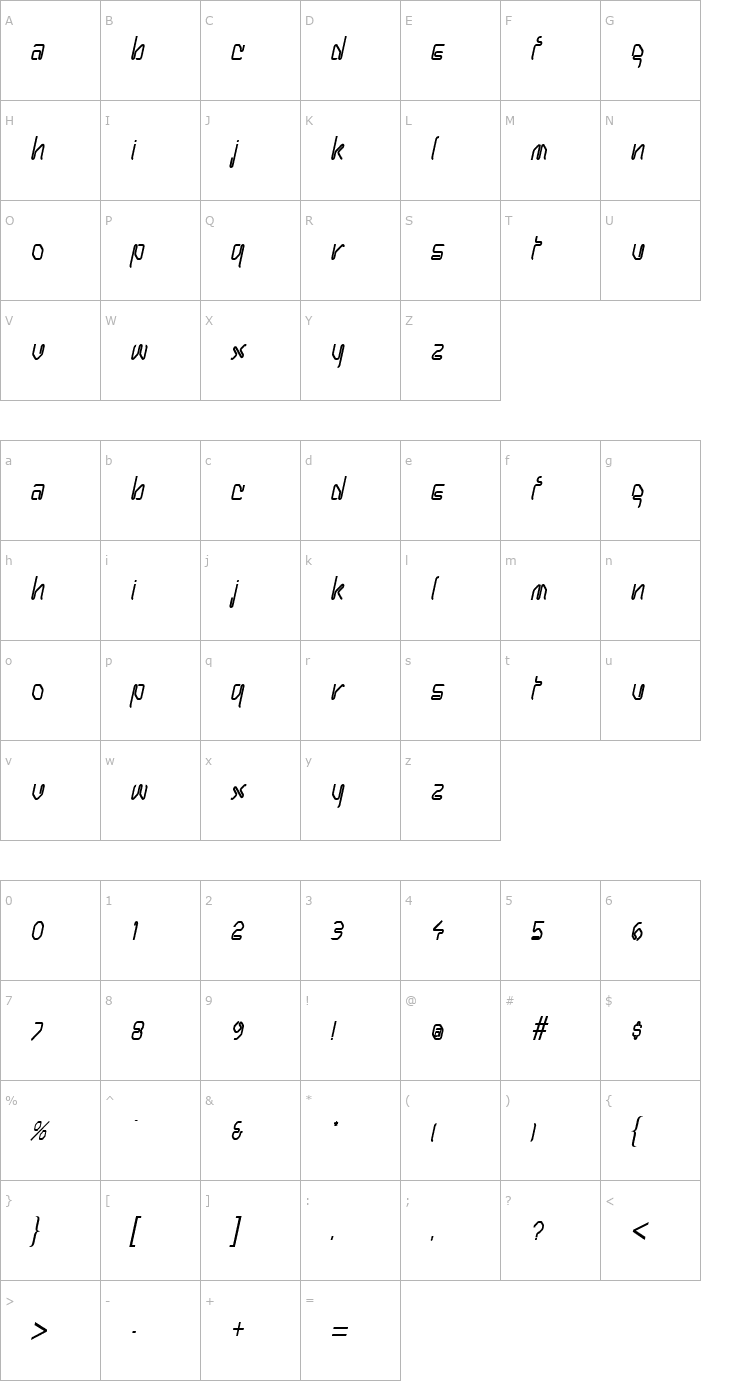 Character Map Hanger Condensed BoldItalic Font