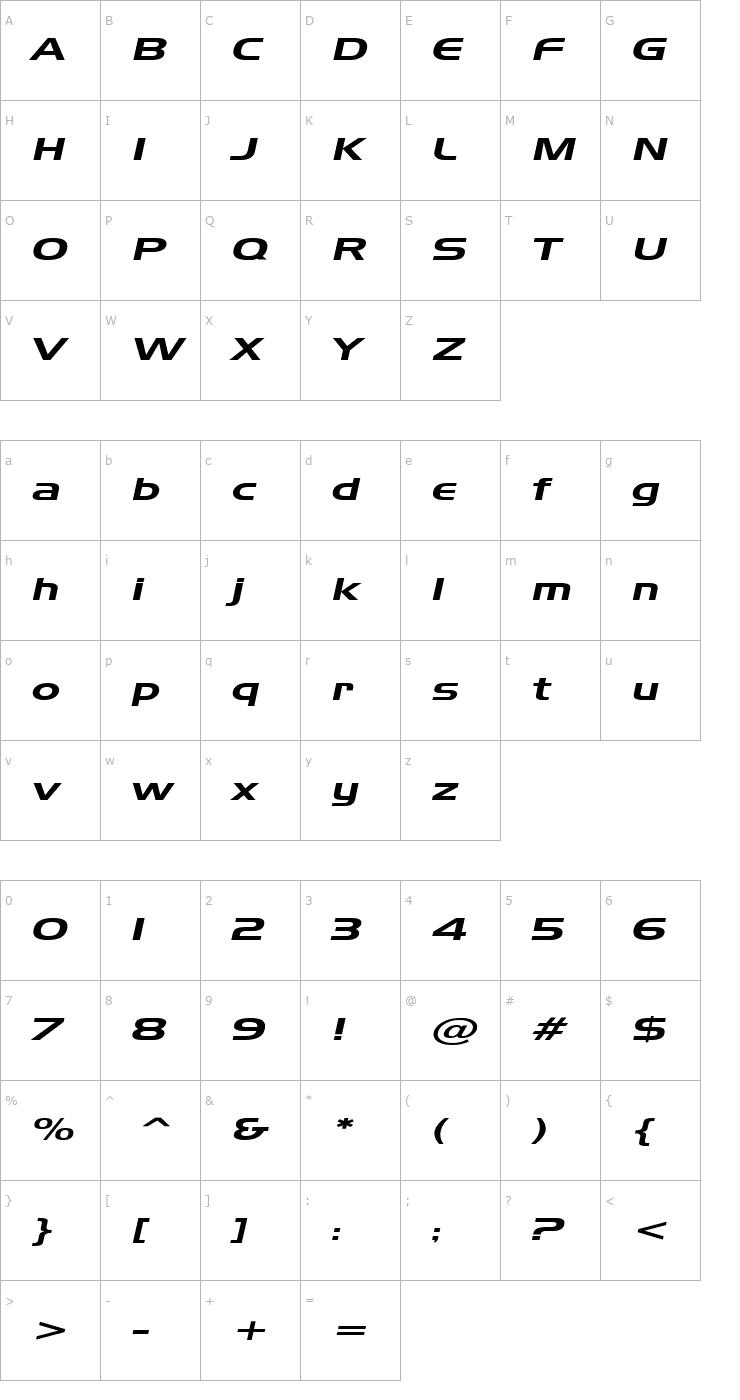 Character Map Hanzel Extended Italic Font