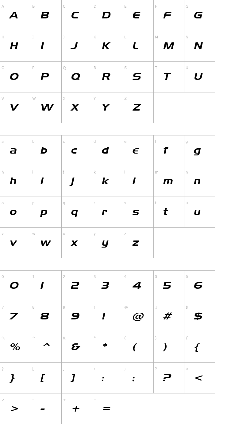 Character Map Hanzel Wide Italic Font