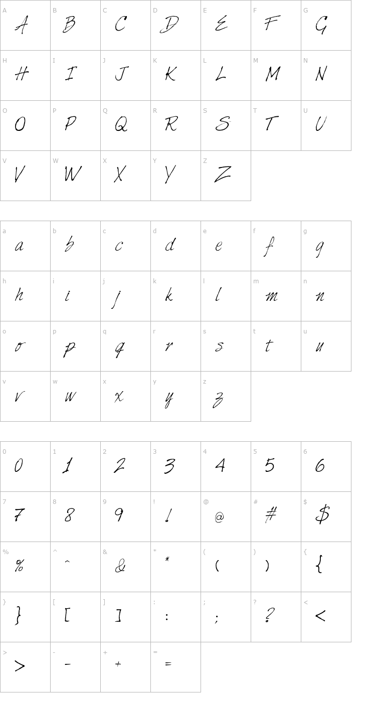 Character Map Harabara Hand Font