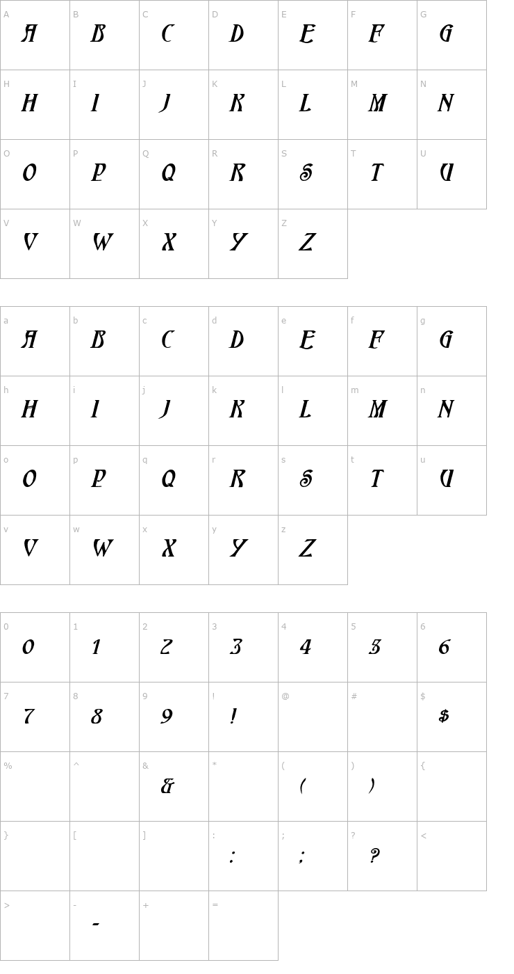 Character Map HardinCapsWide BoldItalic Font