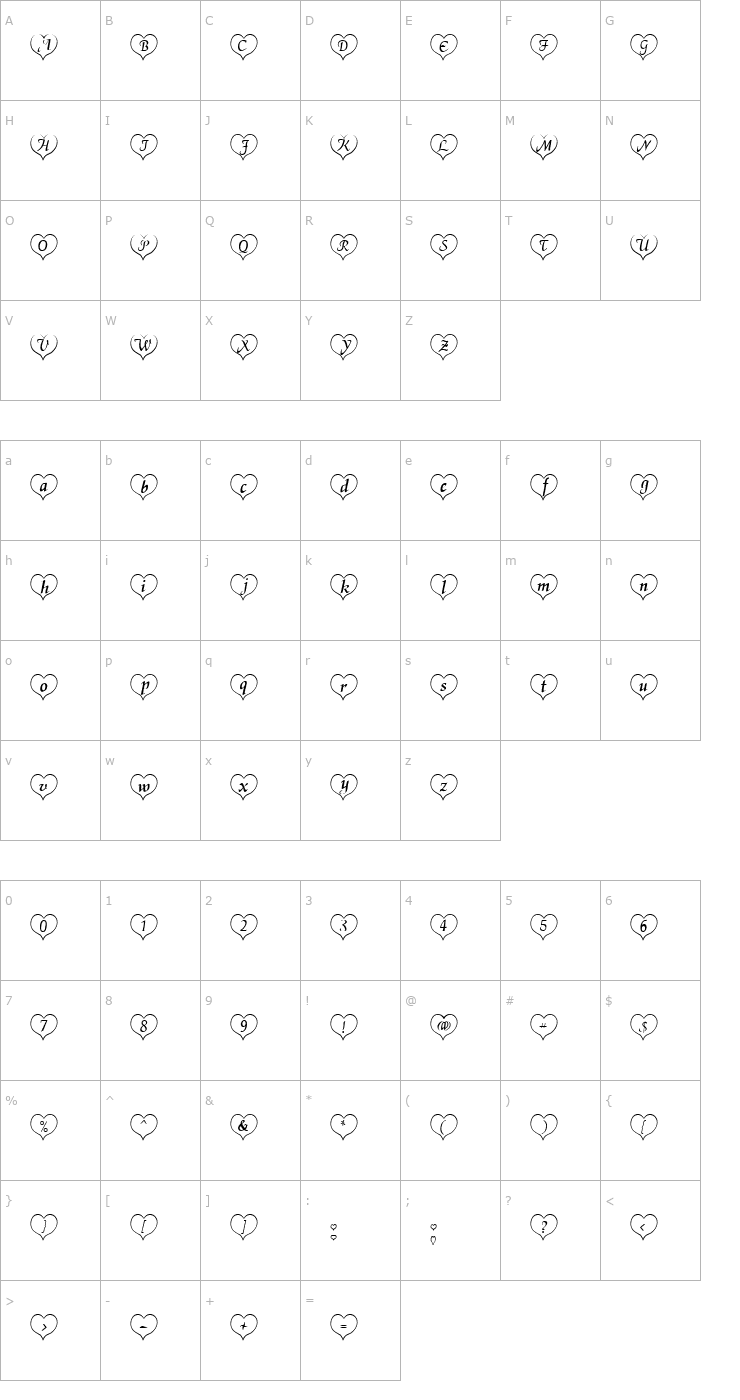 Character Map HeartWhite Becker Font