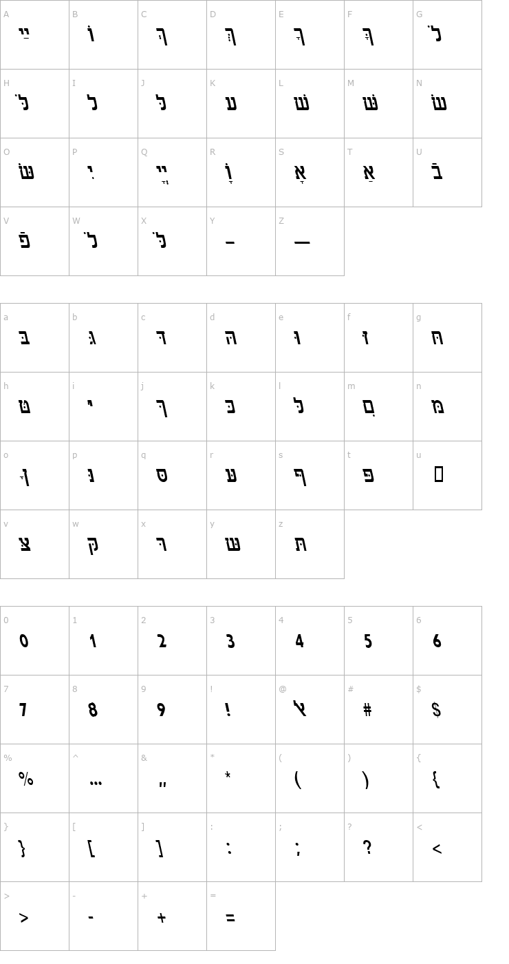 Character Map HebrewAaronSSK Italic Font