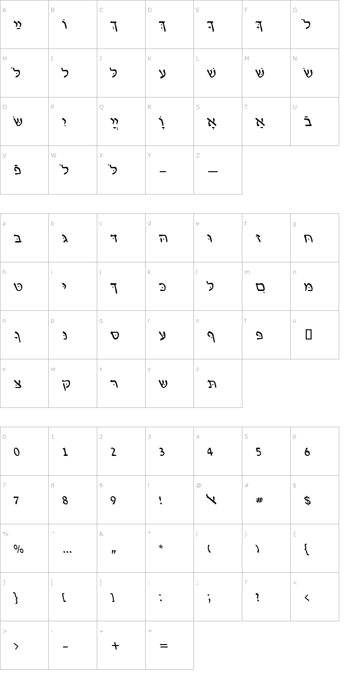 Character Map HebrewDavidSSK Italic Font