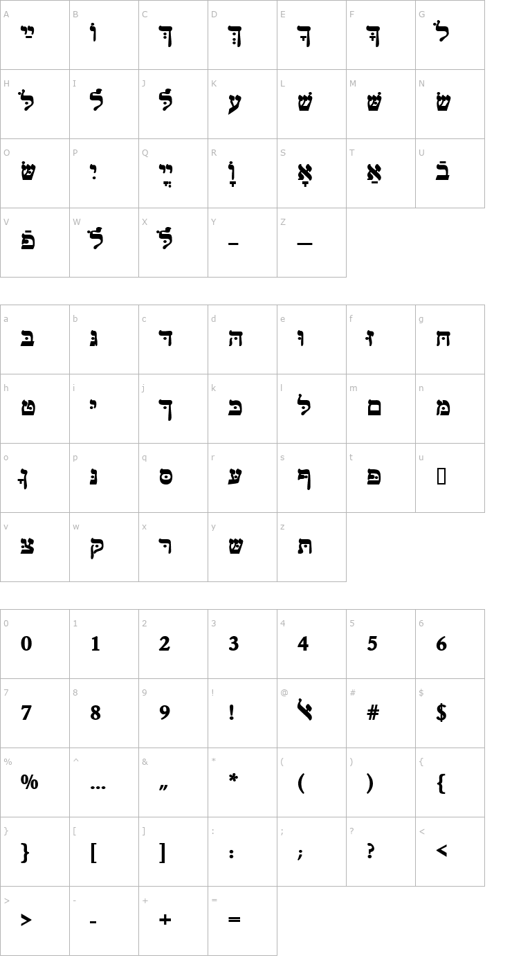 Character Map HebrewJoshuaSSK Bold Font