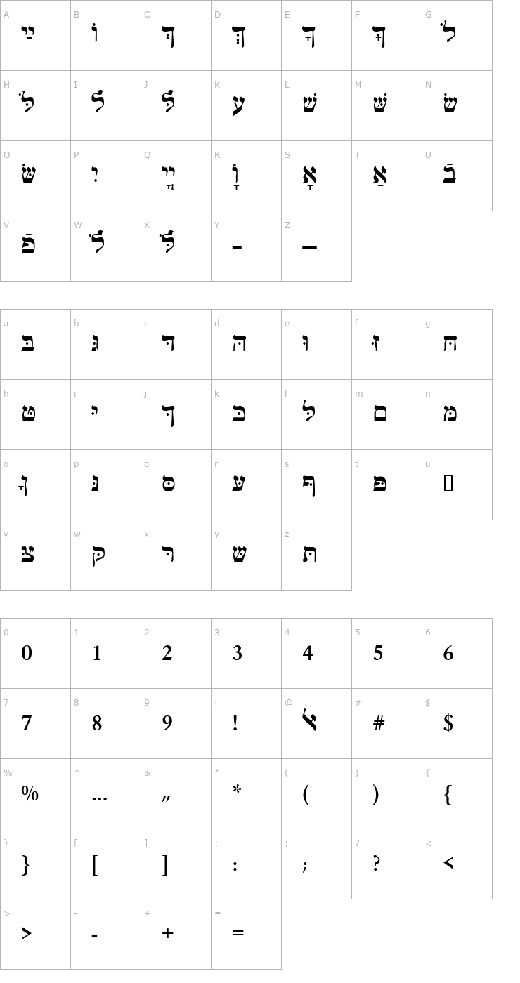 Character Map HebrewJoshuaSSK Font