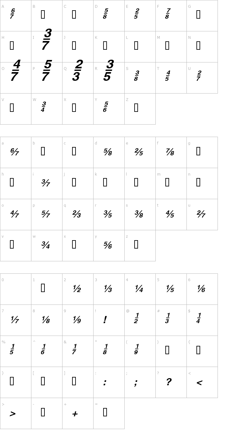 Character Map HeFractions BoldItalic Font