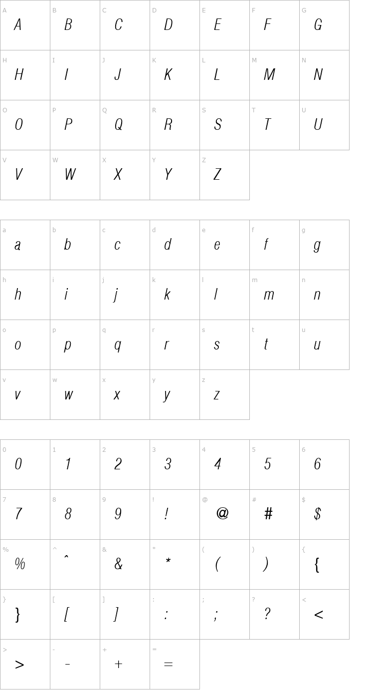 Character Map HegelCondExtraLight-RegularItalic Font