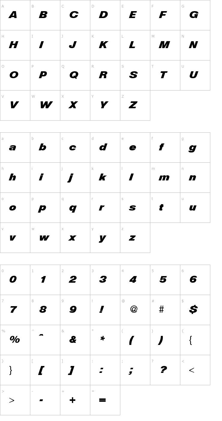 Character Map HegelDiagonal-BoldItalic Font