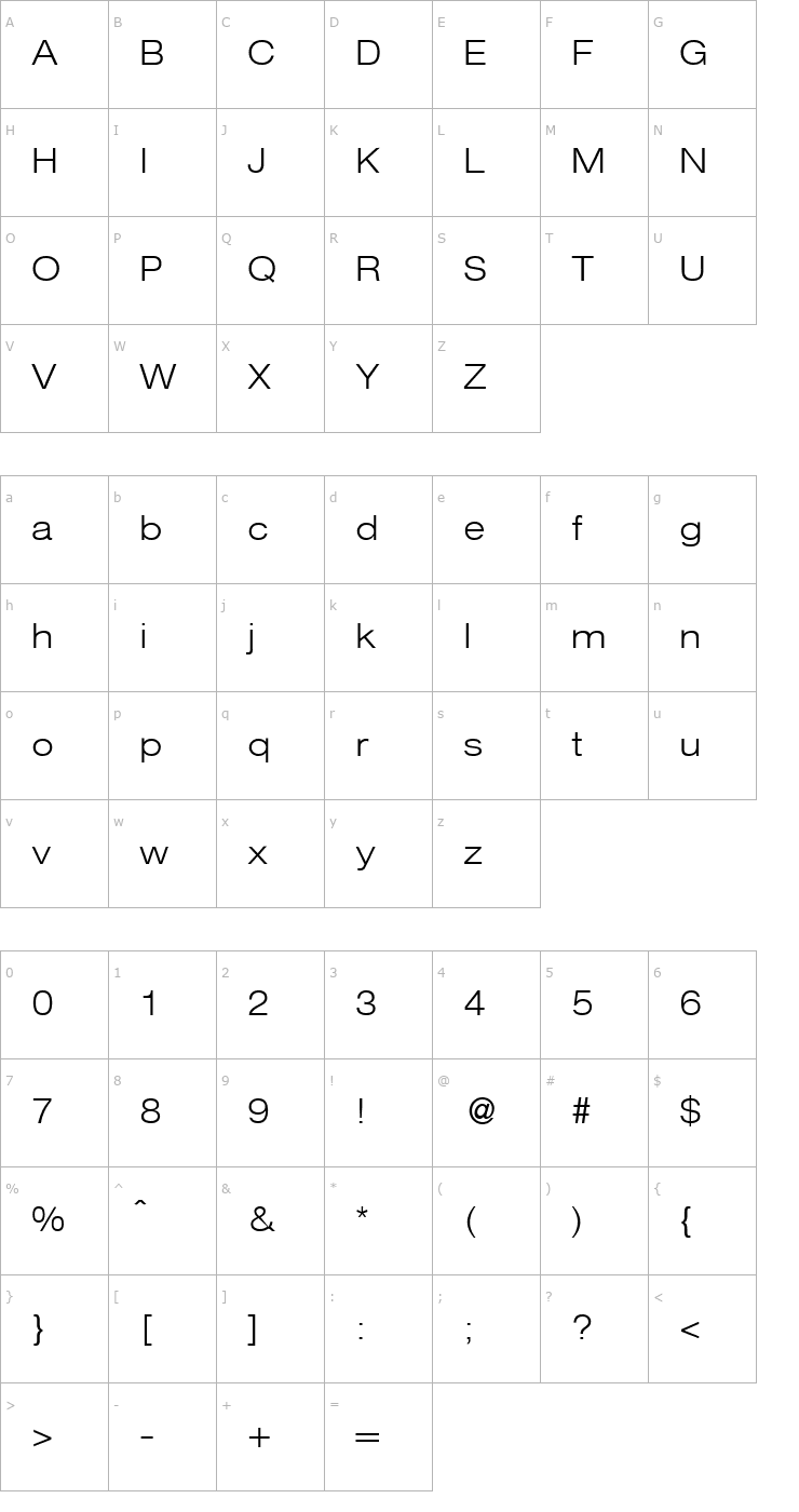 Character Map HegelExtendedExtraLight-Regular Font