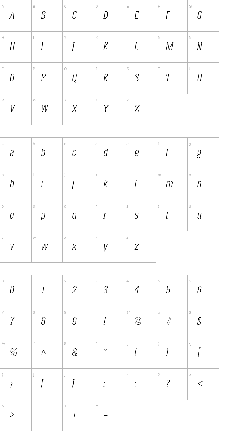 Character Map Helium Light SF Italic Font