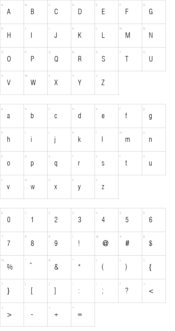 Character Map HelmetCondensed Normal Font