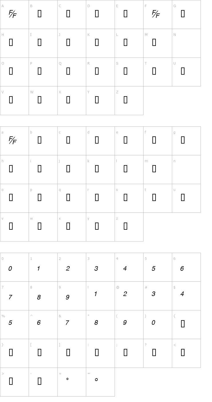Character Map HelvFE Oblique Font
