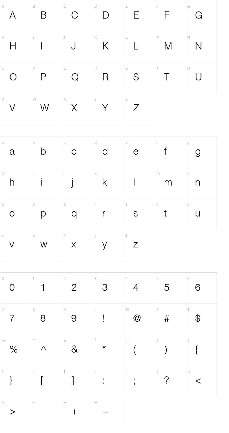 Character Map HelvLight-Normal Font
