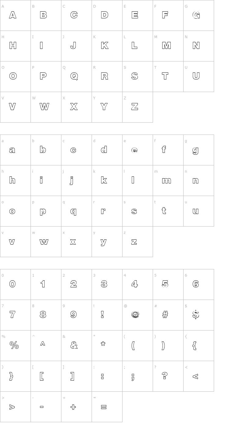 Character Map HelvNueOutline Font