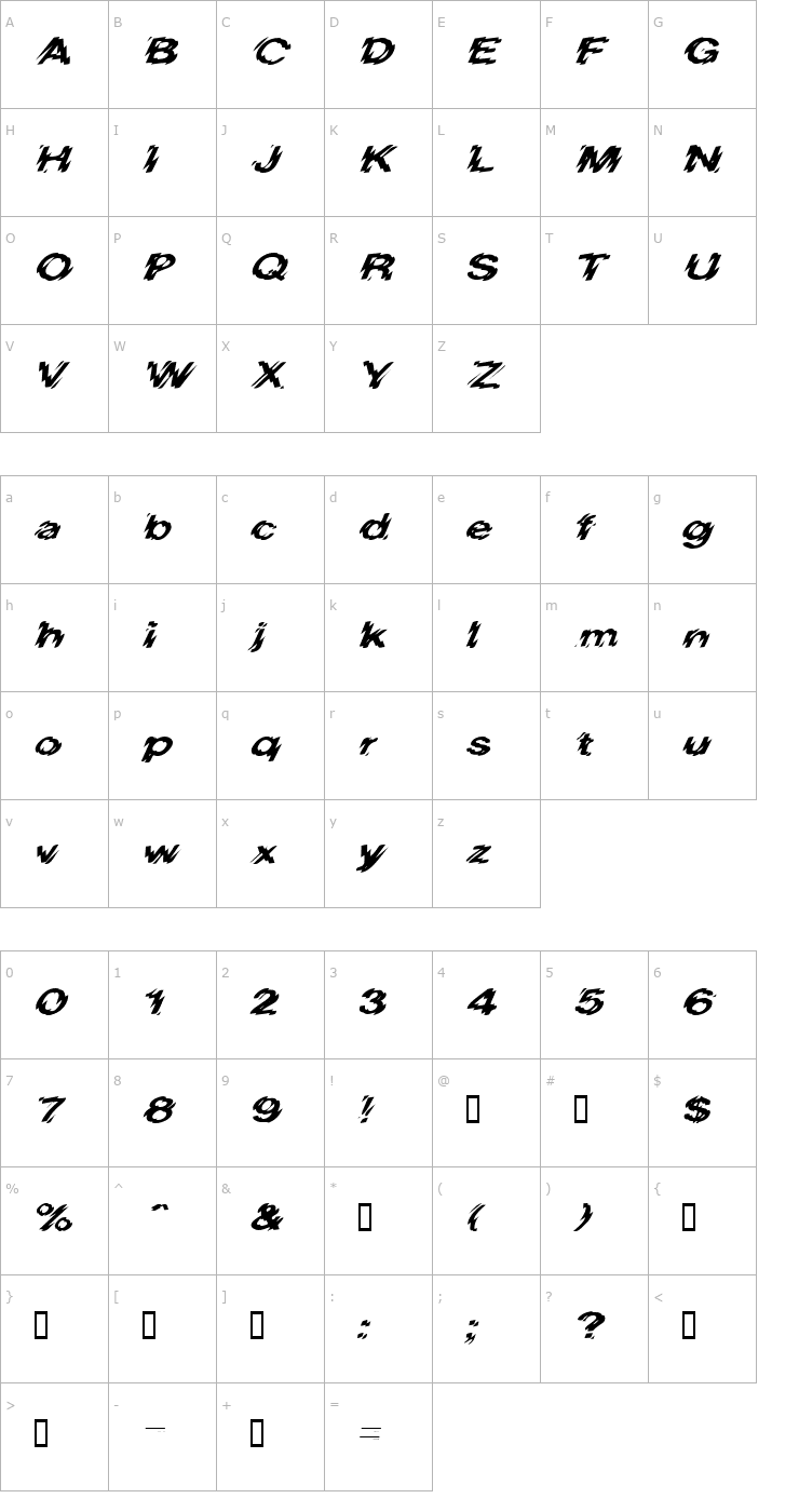 Character Map HighVoltageExtended Italic Font