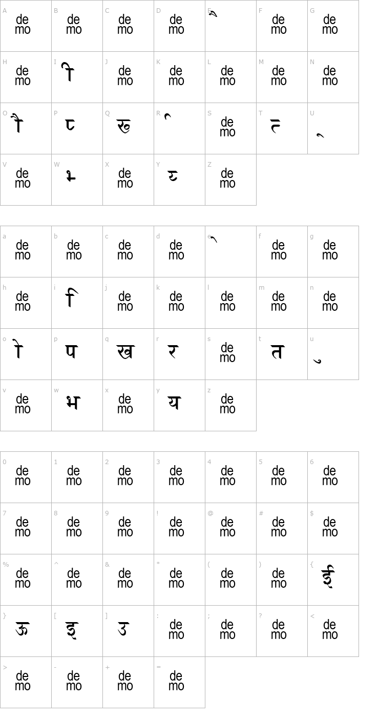 Character Map Hindi Saral-DEMO Font