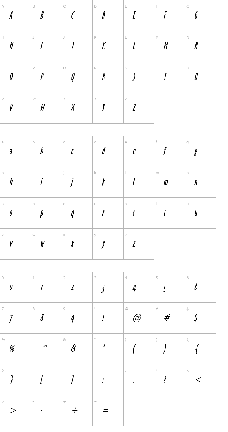 Character Map Hobby Condensed Italic Font