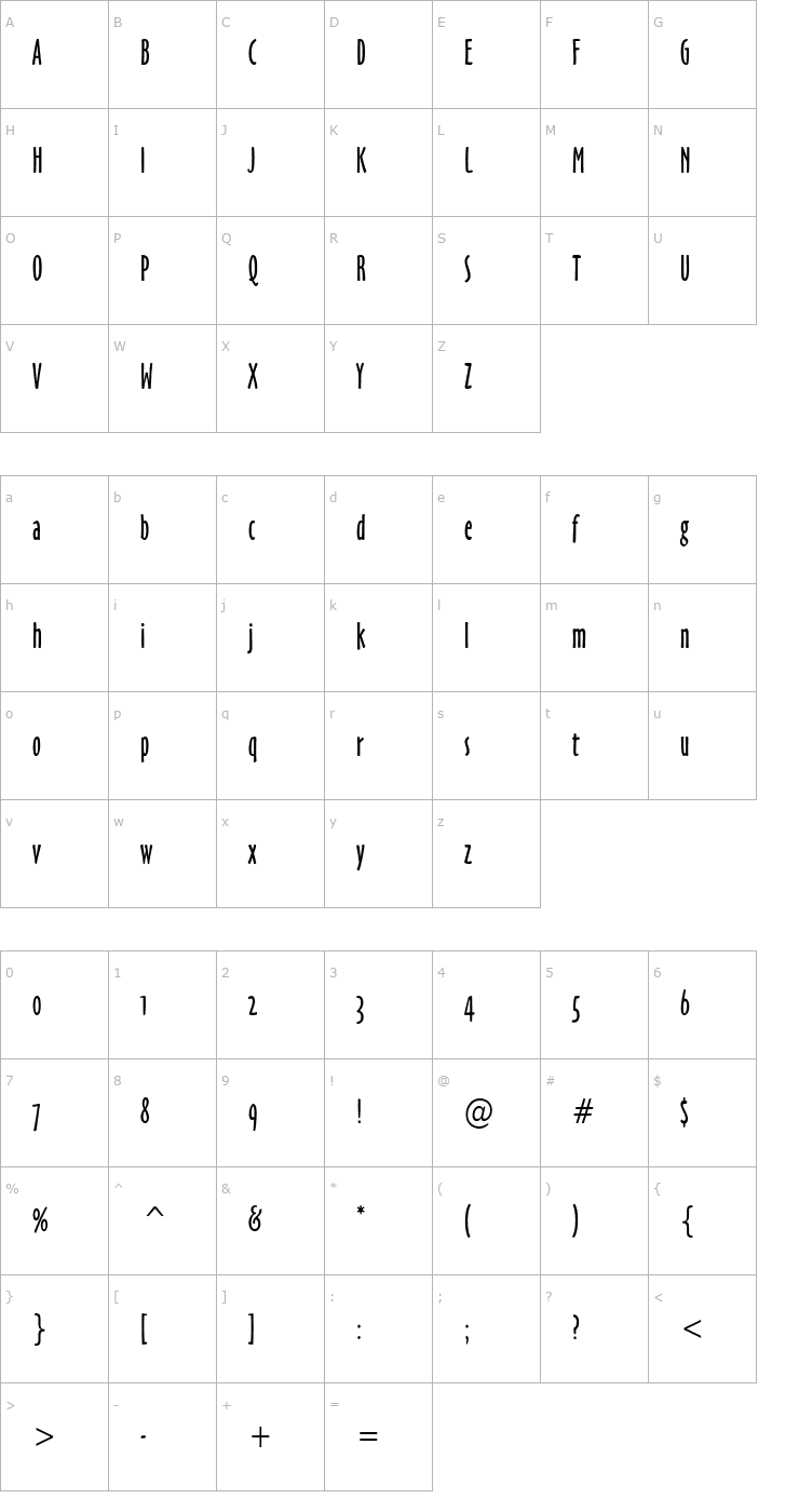 Character Map Hobby Condensed Normal Font