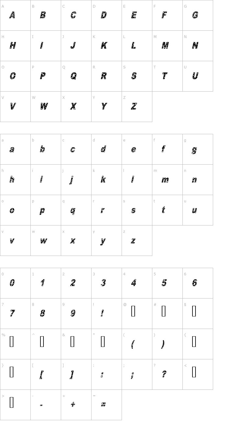 Character Map HOLE 2 cursive Font