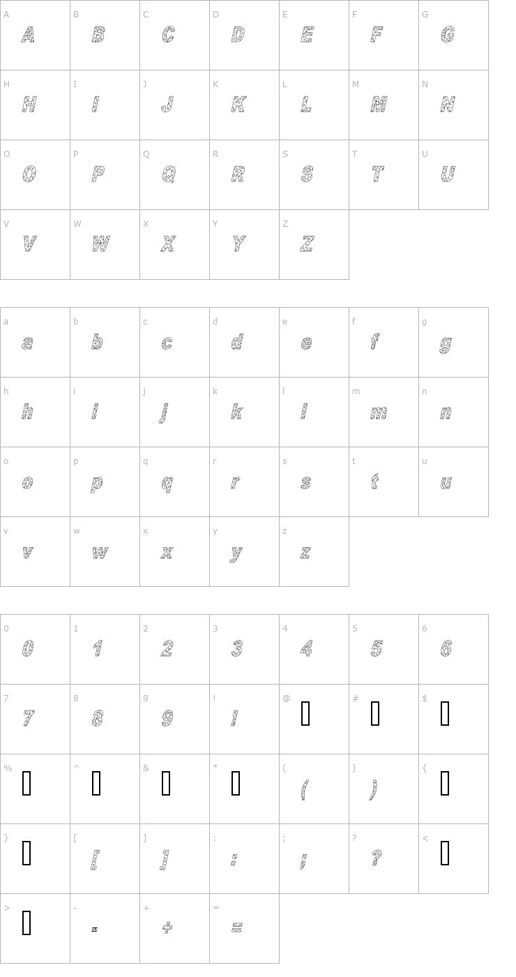 Character Map HOLE 3 cursive outline Font