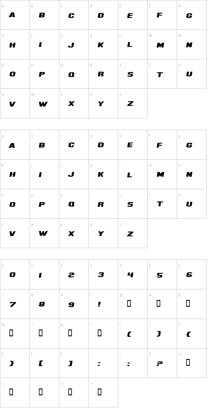 Character Map Hollywood Hills Expanded Italic Font