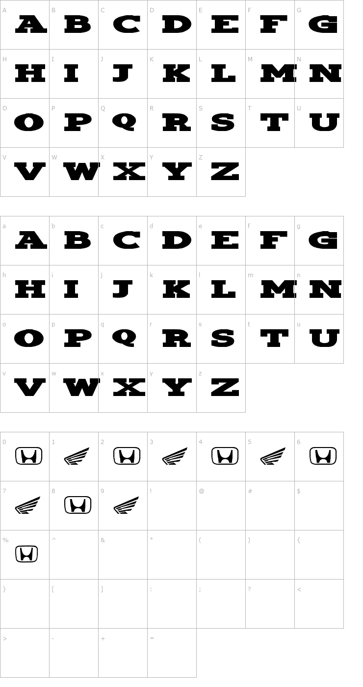 Character Map Honda Font